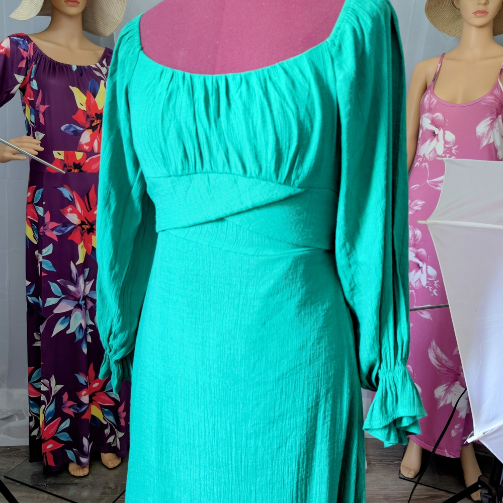 Grass Green Boho Cottagecore Midi Dress with Long Sleeves & Tie Waist